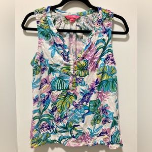 Lilly Pulitzer Essie Printed Tank Smocked Cotton Beach Blouse Top M